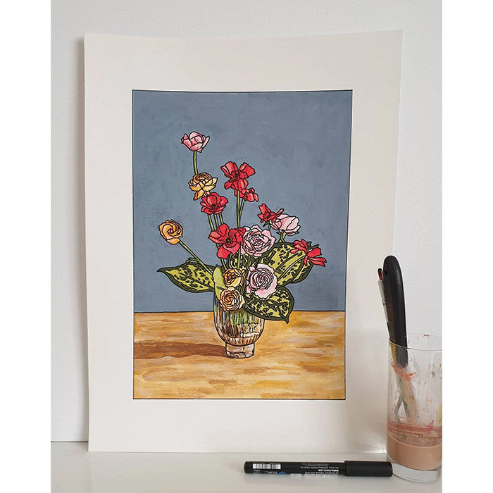 Flower Painting, Red Poppy, Pink Roses